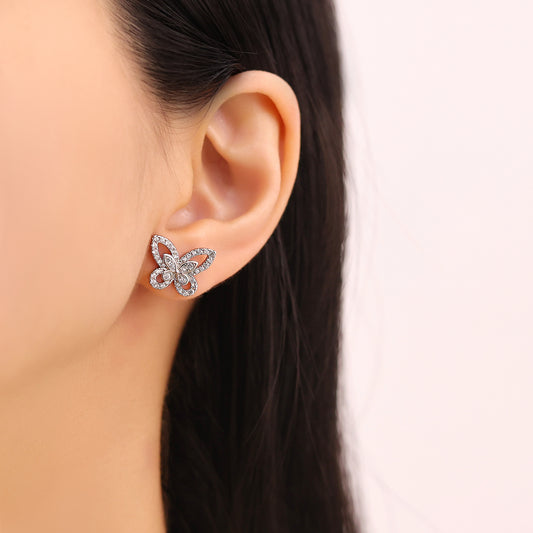 Glow Chronicle · Silver-Toned Cubic Zirconia Butterfly Motif Stud Earrings